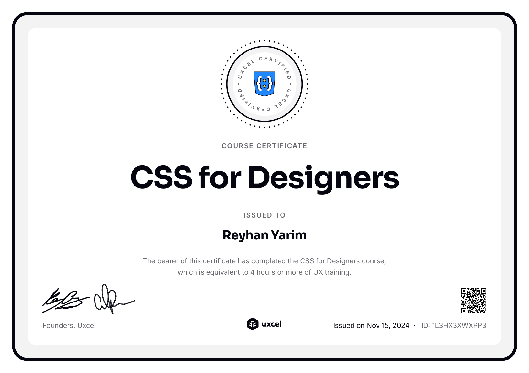 Reyhan Yarim's certificate